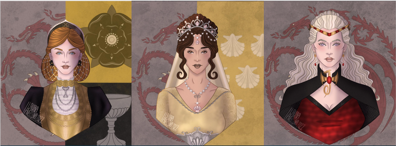 Từ trái qua phải: Vương hậu Elinor Costayne, Vương hậu Jeyne Westerling, Vương hậu Rhaena Targaryen