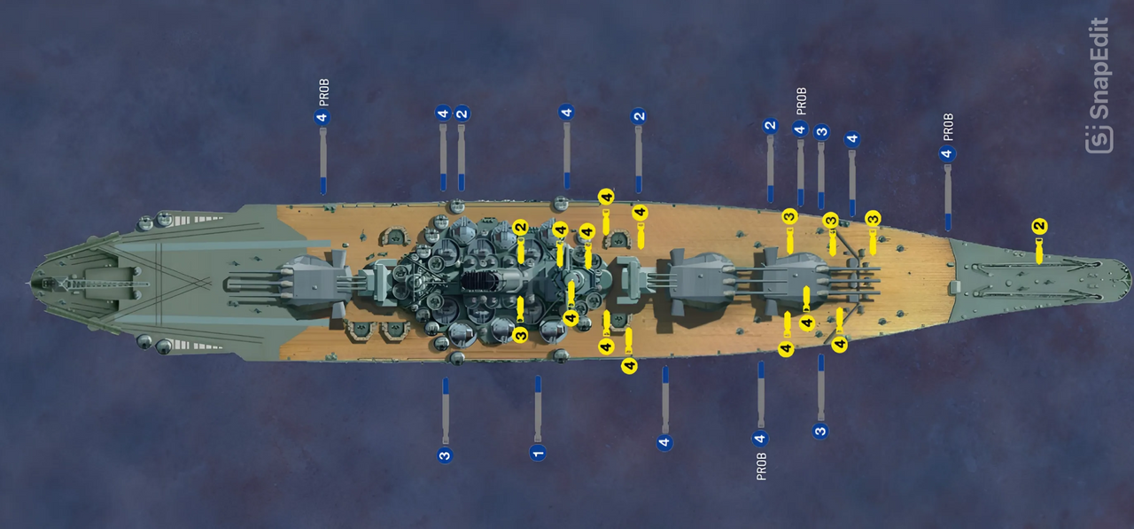 Trong hơn năm giờ đồng hồ vào ngày 24 tháng 10 năm 1944, Musashi đã hứng chịu cuộc tấn công trên không dữ dội. Việc xác định chính xác thiệt hại mà nó phải chịu trong thời gian này là không thể, nhưng tổng số thiệt hại được đưa ra trong sơ đồ này đã tính đến báo cáo của Hải quân Mỹ và lời kể của những người sống sót Nhật Bản. Rõ ràng là cần từ 11 đến 15 quả ngư lôi để đánh chìm con tàu. Số lượng lớn là do kích thước khổng lồ và lớp giáp dày của Musashi, công tác kiểm soát thiệt hại xuất sắc của thủy thủ đoàn và thực tế là các quả ngư lôi trúng đạn được phân bố trên cả hai bên của con tàu, điều này đã giúp kiểm soát những nơi xảy ra phần lớn thiệt hại. Số lượng lớn bom trúng không đe dọa đến tính toàn vẹn kín nước của Musashi, nhưng chúng đã làm suy giảm pin phòng không của tàu, khiến cho máy bay ném ngư lôi dễ dàng thực hiện công việc của mình hơn. ( Đợt 1: 1 ngư lôi; Đợt 2: 3 ngư lôi, 2 bom; Đợt 3: 3 ngư lôi, 4 bom; Đợt 4: 8 ngư lôi ( 4 quả được xác nhận, 4 quả nghi ngờ), 10 bom. Tổng công: 16 bom, 15 ngư lôi).