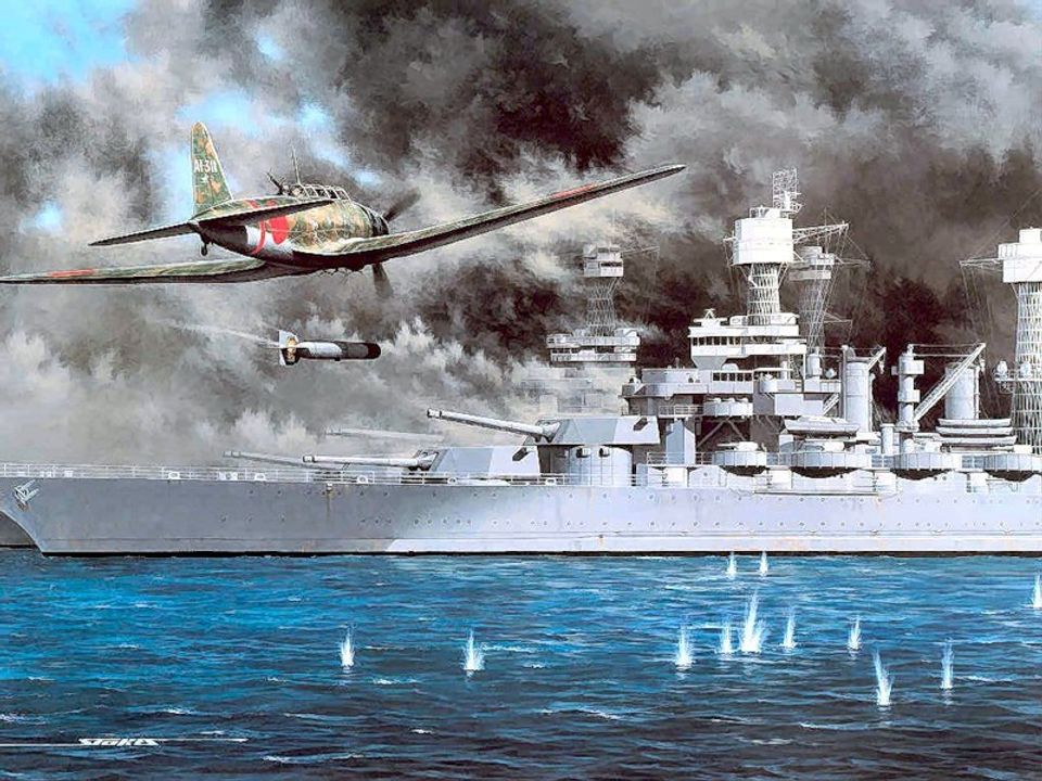 Một chiếc máy bay B5N2 "Kate" của Nhật Bản từ tàu sân bay Akagi ném ngư lôi vào thiết giáp hạm USS West Virginia và Tennessee đang nằm neo đậu tại Trân Châu Cảng. (Tranh của Stan Stokes)