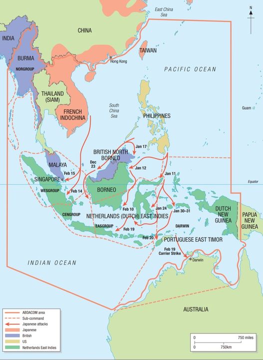 Bản đồ về cuộc tấn công của Nhật Bản vào vùng Đông Ấn Hà Lan thuộc khu vực quân sự của Bộ Tư lệnh Mỹ-Anh-Hà Lan-Úc (American–British–Dutch–Australian Command hay ABDAC). Lực lượng tàu sân bay đã tham gia hỗ trợ và cũng không kích vào cảng Darwin vào ngày 19 tháng 2 năm 1942.
