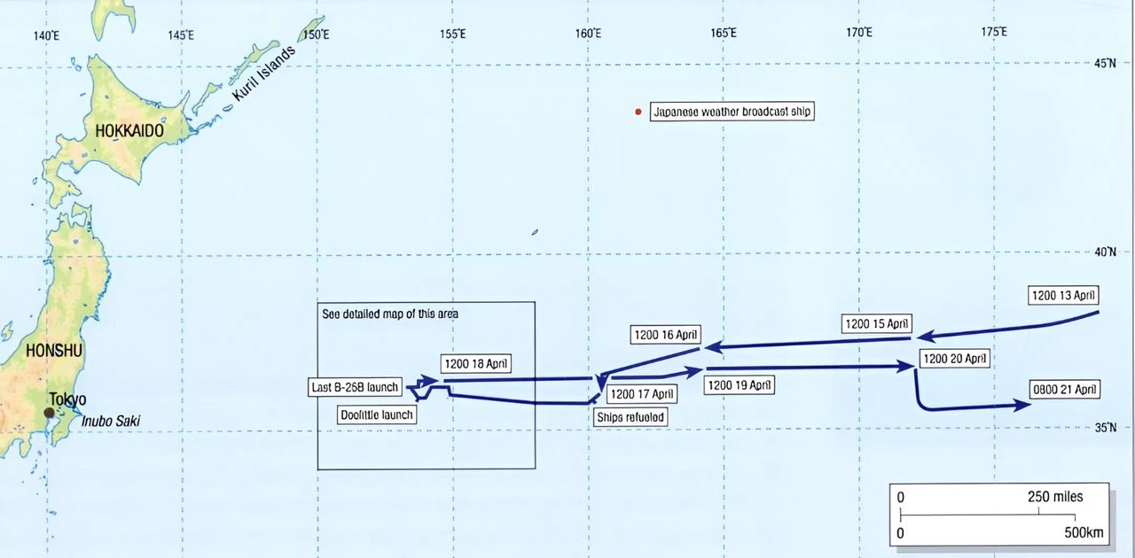 Lộ trình của lực lượng hai tàu sân bay Hornet và Enterprise trong cuộc tập kích vào Tokyo từ ngày 13 - 21 tháng 4 năm 1942.
