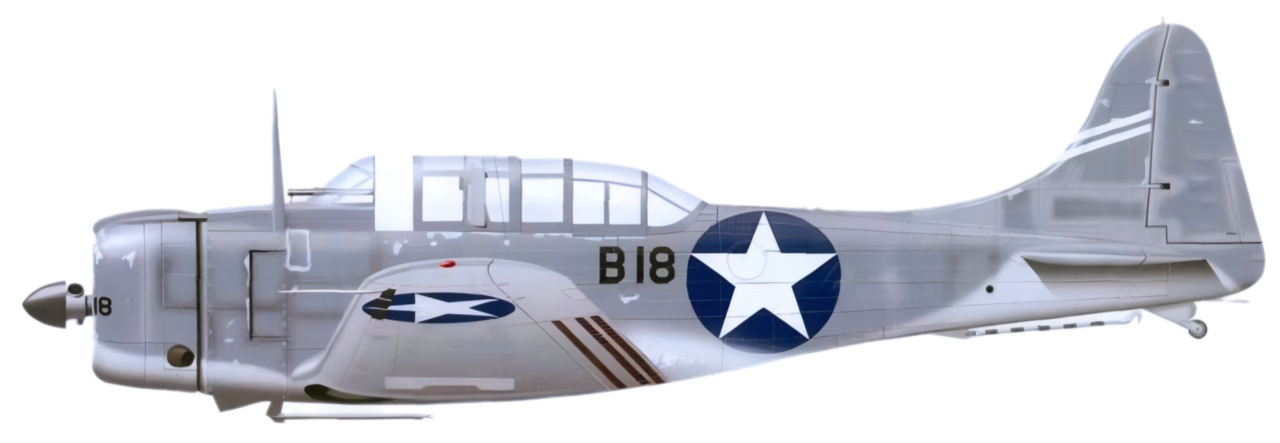 Máy bay SBD-3 Black (B18) thuộc Phi đội ném bom số 6 (VB-6) của tàu sân bay Enterprise do Robert. C. Shaw điều khiển vào ngày 8 tháng 8 năm 1942.