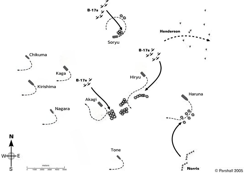 Các cuộc tấn công của các máy bay B-17 và SB2U-3 của Norris nhằm vào Kido Butai lúc 08 giờ 15 phút –08 giờ 40 phút. Quy mô và đường di chuyển của các tàu trong bản đồ đều mang tính ước đoán. Giai đoạn này của trận đánh cực kỳ khó để mô tả chính xác, do số lượng lớn các đợt tấn công riêng lẻ và các động tác cơ động né tránh của các tàu sân bay. Tuy nhiên, rõ ràng là Nagara và Kirishima đã ở vị trí hơi lệch so với đội hình chung, vì sau đó hai tàu này sẽ chạm trán Nautilus ở sườn phía tây đội hình. Cũng được biết rằng lúc 08 giờ 30 phút, hạm đội đã đổi hướng tạm thời sang phía tây để tránh đợt tấn công đang đến gần của Norris. Không lâu sau đó, Kido Butai lại quay đầu chạy theo hướng đông.