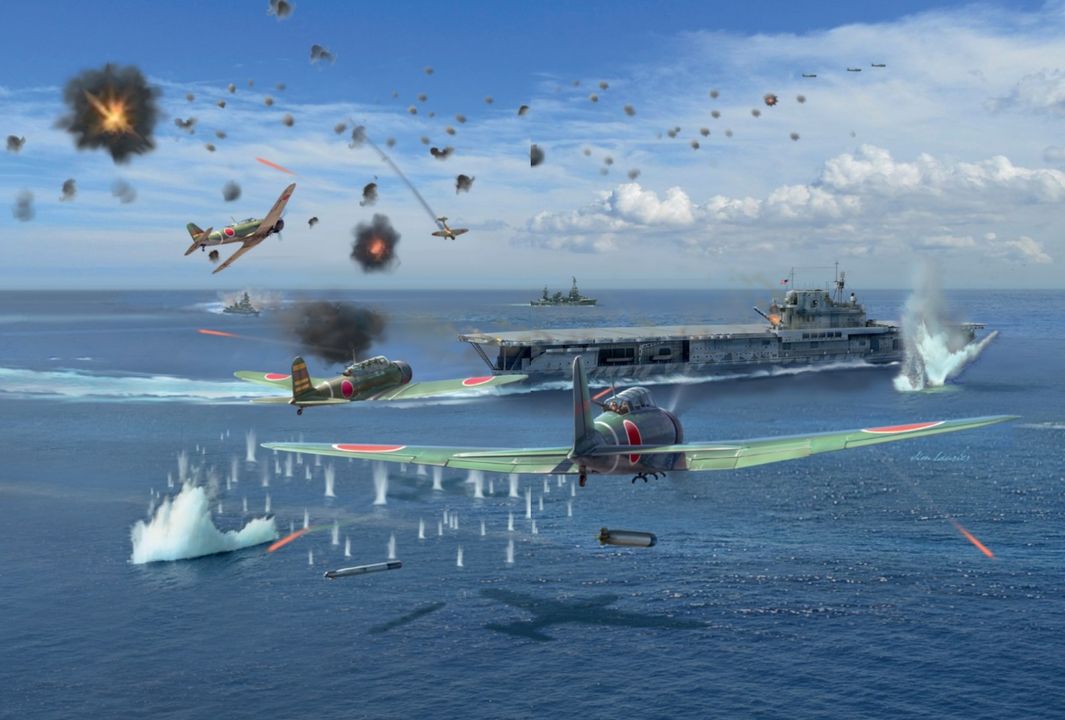 Những chiếc B5N2 của Thiếu tá Shigeharu Murata và hai đồng đội của ông tiếp cận tàu Hornet từ phía sau mạn phải của con tàu vào ngày 26 tháng 10 năm 1942 trong trận chiến quần đảo Santa Cruz. Trong một hành động kéo dài chỉ 30 phút, cả hai máy bay ném bom bổ nhào D3A1 “Val” và máy bay ném ngư lôi B5N2 “Kate” đều thành công trong việc tấn công tàu sân bay. Mặc dù bị hỏa lực phòng không cực kỳ chính xác nhắm vào, cả ba phi công “Kate” đều thả được ngư lôi Type 91 của mình, trong đó hai quả trúng tàu Hornet và trực tiếp dẫn đến sự mất mát của nó. Murata đã không sống sót sau cuộc tấn công. (Tranh của Jim Laurier)