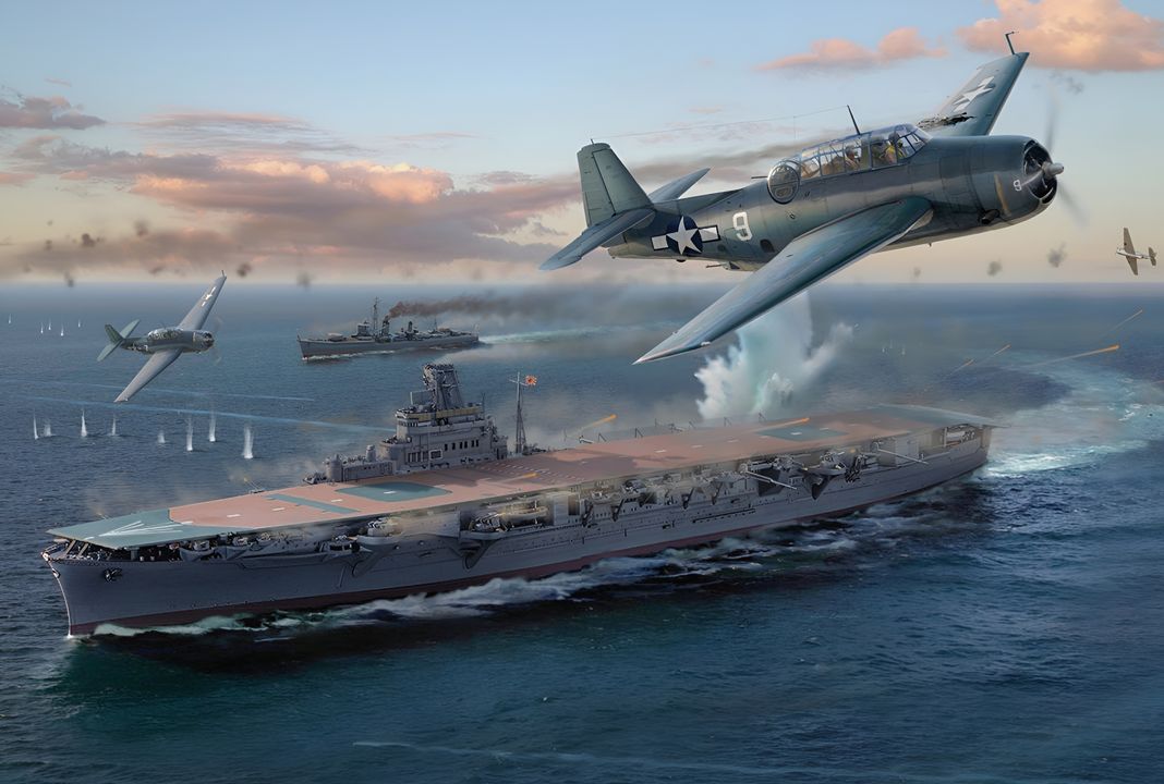 Cuộc tấn công đường không của Mỹ vào Hạm đội Cơ động Thứ Nhất trong buổi tối sớm ngày 20 tháng 6 là một hành động được thực hiện vội vã. Chỉ một vài quả bom trúng mục tiêu trong đợt tấn công này. Trong số 12 chiếc Avenger mang ngư lôi, chỉ có một chiếc thực hiện được một đòn đánh trúng đích. Thành công đó là nhờ một nhóm bốn chiếc Avenger thuộc tàu sân bay hạng nhẹ Belleau Wood, do Trung úy cấp thấp George Brown  dẫn đầu. Trước khi cất cánh, Brown đã thề rằng anh sẽ đánh trúng một tàu sân bay, dù phải trả bất kỳ giá nào. Giờ đây, anh có cơ hội thực hiện lời hứa ấy. Anh cùng nhóm của mình bay vòng quanh Lực lượng B trước khi chọn Hiyo làm mục tiêu. Đặt mặt trời sau lưng, Brown lao xuống xuyên qua một đám mây và tản ba chiếc máy bay còn lại của mình (chiếc thứ tư bị tách ra trong lúc quay) ra tấn công từ các hướng khác nhau. Chiếc Avenger của Brown trúng đạn pháo phòng không 25mm, bị bắn rụng một phần cánh trái và bốc cháy, buộc điện báo viên và xạ thủ phải nhảy dù thoát ra. Khi Brown tiếp tục tấn công, ngọn lửa trên máy bay anh dần tắt. Ba chiếc Avenger phóng ngư lôi từ các hướng khác nhau, gần như đảm bảo được một cú đánh trúng. Một quả ngư lôi đã đánh trúng Hiyo ở phần đuôi mạn phải, nhưng vẫn chưa rõ quả ngư lôi đó được phóng từ máy bay của Brown hay từ chiếc Avenger khác do Trung úy cấp thiếu Warren Omark điều khiển. Dù các nguồn Nhật và Mỹ có sự khác biệt, dường như khả năng cao hơn là Omark đã tung ra đòn chí mạng. Brown không bao giờ quay trở lại Belleau Wood. Phi công bị thương nặng ấy, được Omark hộ tống, bay vào một đám mây sau khi trời tối — và không bao giờ được nhìn thấy nữa. (Tranh của Jim Laurier) 