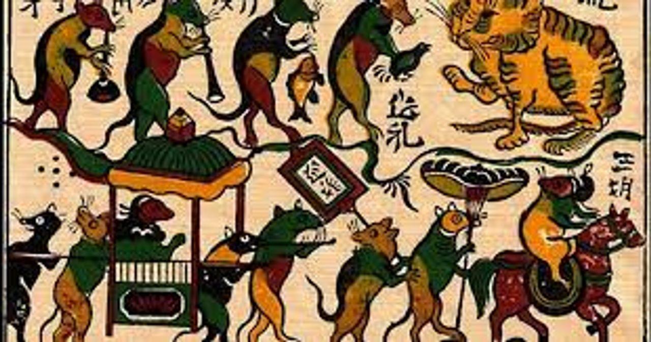 Tranh dân gian-  dòng tranh Đông Hồ.  ( mình thấy bọn chuột trong tranh có vẻ sống 2 mặt) 