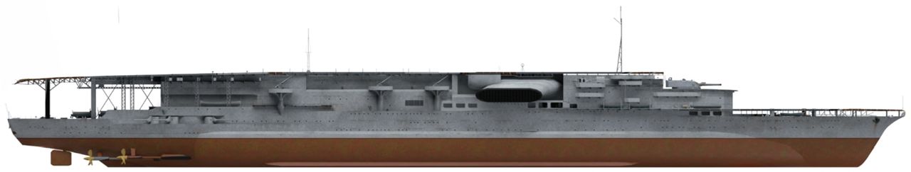 Dáng vẻ của Akagi khi gia nhập hạm đội năm 1927, với hai boong bay riêng biệt dành cho cất cánh và hạ cánh. Tám năm sau, còn tàu được cải tạo lại với một boong bay lớn duy nhất. (Tranh của Adam Tooby)