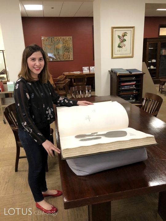 E. Billie Hughes của Lotus Gemology đang xem xét một trong hai tập sách đồ sộ thuộc bộ sưu tập The Bishop Collection: Investigations and Studies in Jade tại thư viện của Bảo tàng Field ở Chicago. Ảnh: Gretchen Rings/Bảo tàng Field Chicago.