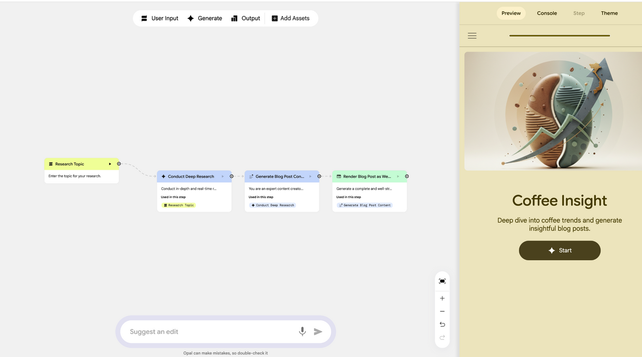 Opal tự động tạo flow làm việc theo prompt người dùng cung cấp