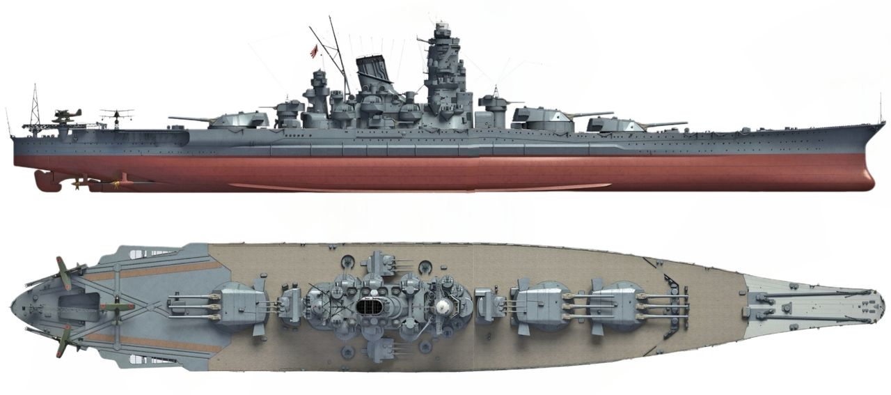 Hình ảnh của Yamato vào tháng 7 năm 1943 (Musashi cũng có hình dạng tương tự). Vào thời điểm này, con tàu vẫn được trang 4 tháp pháo ba nòng 6,1 inch (2 tháp ở đặt giữa đường trục trung tâm con tàu, sau tháp pháo chính và 2 tháp pháo ở hai bên mạn tàu) như lần đầu được biên chế vào năm 1941. Điều khác biệt của con tàu trong năm 1943 so với lần đầu vào biên chế năm 1941 là được trang bị thêm các bệ pháo 25 mm ở xung quanh ống khói giữa con tàu như trong hình vẽ. Một đặc trưng của boong tàu Yamato so với các thiết giáp hạm khác là chúng "trống rỗng" – không có thiết bị lộ thiên. Điều này nhằm tránh tác động khủng khiếp từ luồng gió giật (blast) của pháo chính 18,1 inch. Các thiết bị cần thiết như xuồng, máy bay và paravane (thiết bị chống mìn) được giữ hoàn toàn trong các khoang được bảo vệ. Hình dạng và cấu trúc của các mặt bên thượng tầng, việc thiếu các bệ đỡ tấm nền, cùng với việc bảo vệ các vị trí điều khiển pháo phòng không bằng khiên chắn, cũng nhằm giảm luồng gió từ pháo chính cho thủy thủ đoàn.