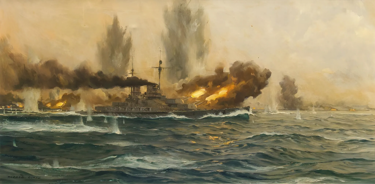 SMS Lutzow hiện là soái hạm của Hipper, giờ phải giao tranh dữ dội cùng lúc với các thiết giáp tuần dương của cả Beatty và Hood. Chỉ trong vài phút, còn tàu sẽ chịu nhiều phát trúng cũng như cĩng giáng đòn chí mạng vào Invincible của Hood. Cột khói ở đường chân trời bên phải là HMS Invincible – vài giây trước vụ nổ chết người. Theo sau là Derfflinger, Seydlitz (Claus Bergen.)