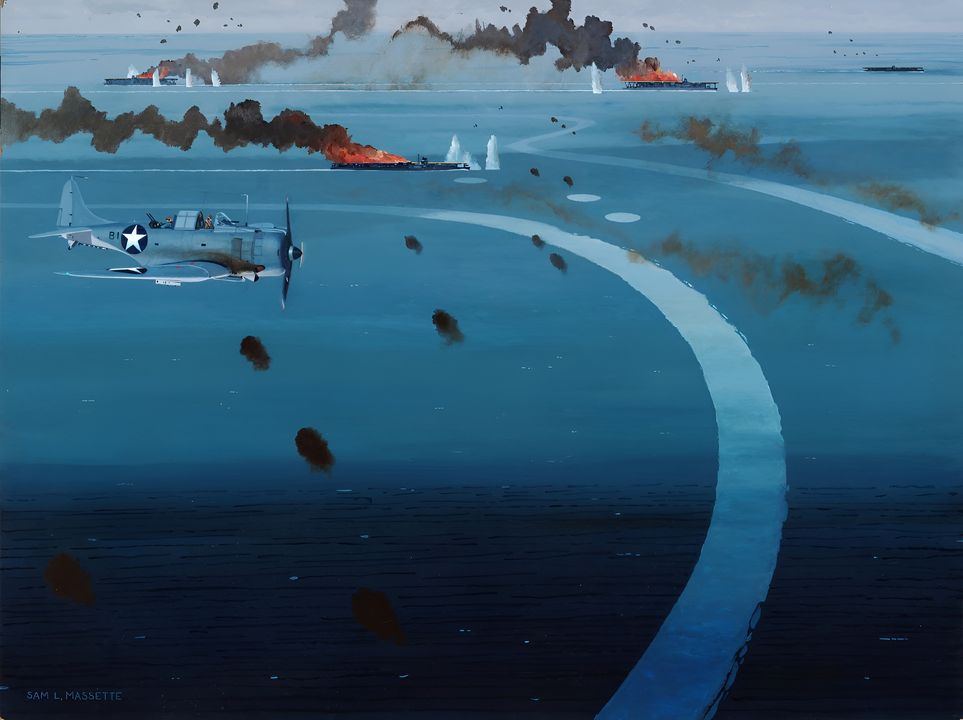 Khung cảnh vào lúc 11 giờ sau các đợt tấn công từ máy bay của Mỹ, Kido Butai giờ đây sụp đổ một cách thảm khốc. Ba tàu sân bay từ gần đến xa lần lượt là Soryu, Kaga và Akagi đang chìm trong biển lửa. Chỉ có Hiryu là tàu sân bay duy nhất còn sống sót (ở bên phải bức tranh) sau đợt tấn công bằng ngư lôi. Một chiếc máy bay Dauntless của Mỹ đang quan sát kết quả đáng kinh ngạc mà họ mới vừa dành được. (Tranh của Sam Massette)