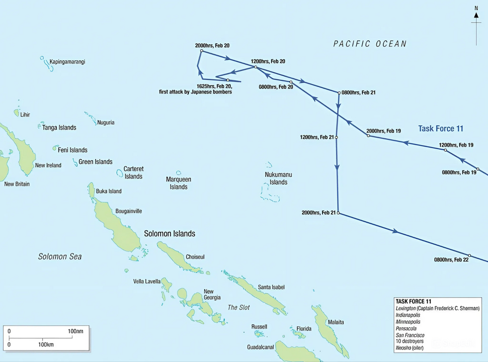 Cuộc đột kích của TF 17 (tàu sân bay Lexington) vào Rabaul và trận chiến ngoài khơi Bougainville từ ngày 19 - 22 tháng 2 năm 1942.