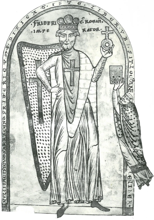 Frederick I (Frederick Barbarossa) tham gia cuộc Thập tự chinh, Henry xứ Schaftlarn (bên phải) đang dành tặng ông một bản sao Lịch sử cuộc Thập tự chinh lần thứ nhất