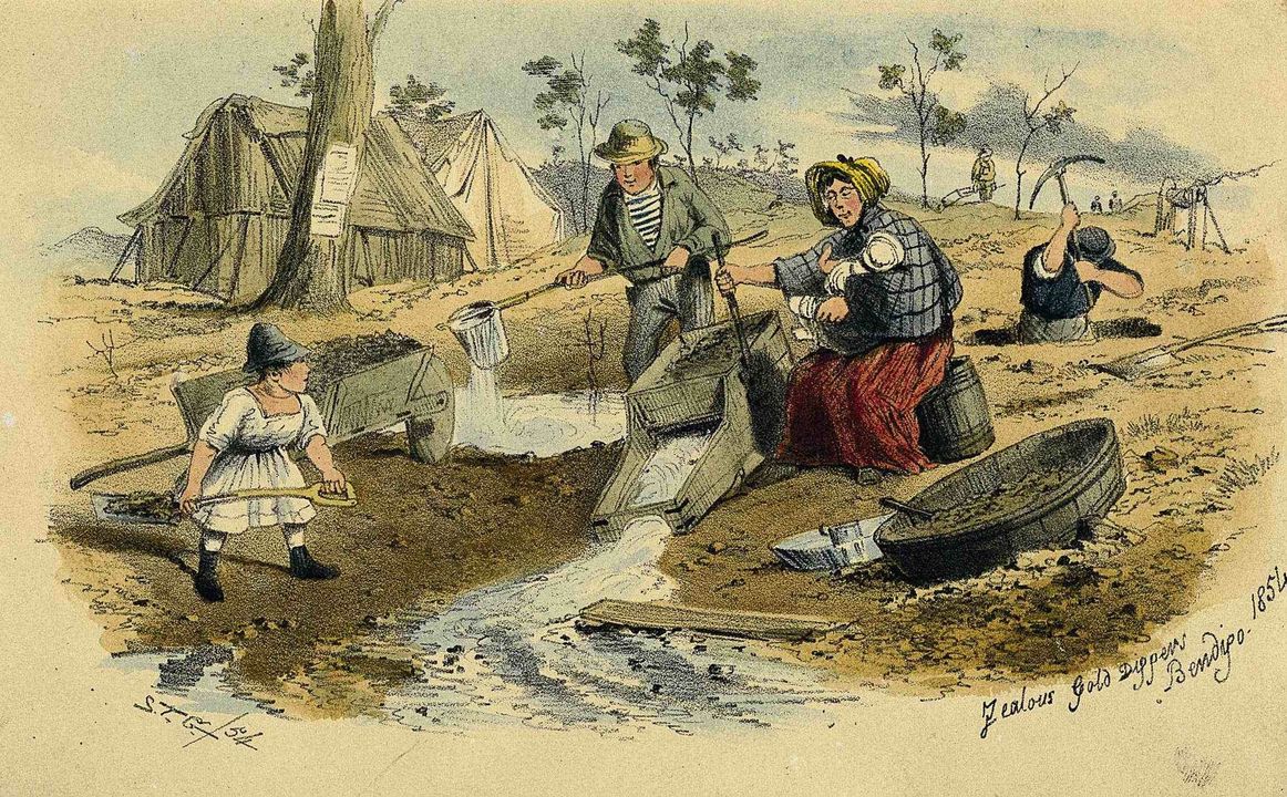 Một bé gái phụ cha mẹ đãi vàng ở Úc, tranh vẽ năm 1854