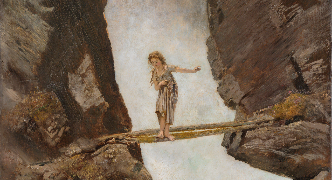 Girl Crossing A Mountain Torrent (1880/1882) bởi Anton Romako