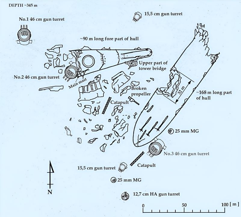 Tình trạng của xác tàu đắm Yamato khi được phát hiện vào ngày 14 tháng 12 năm 1999.