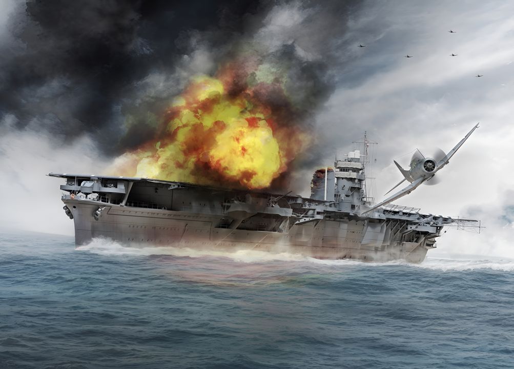 Cuộc bổ nhào ném bom xuống Hiryu vào buổi chiều ngày 4 tháng 6 trong một số khía cạnh là đợt tấn công thú vị nhất. Enterprise phóng toàn bộ 11 máy bay ném bom bổ nhào còn lại của mình, cùng với 14 chiếc thuộc Phi đội Ném bom 3 (VB-3) của Yorktown, tất cả đặt dưới quyền chỉ huy chung của Trung úy Gallaher. Các máy bay thuộc VS-6, VB-6 và VB-3 được trang bị hỗn hợp bom 500 pound và 1.000 pound, mặc dù có vẻ như sự pha trộn này thậm chí tồn tại ngay trong từng phi đội. Lý do thực sự vẫn chưa rõ, nhưng có thể là do sự xuất hiện của các “máy bay lạc đội” (orphans) từ Yorktown. Dù nguyên nhân là gì, không thể giả định rằng mọi phát trúng đích đều là bom 1.000 pound, và cũng không có tài liệu nào cho biết chính xác ai mang loại bom nào. Điểm thú vị thứ hai của đợt tấn công là Gallaher là người bổ nhào đầu tiên, dẫn VS-6 lao xuống mục tiêu. Ông phân công Shumway cùng VB-3 tấn công thiết giáp hạm đang ở gần đó. Best cùng VB-6 bay ở phía sau đội hình của Enterprise, nhưng chỉ còn ba máy bay, do chiếc thứ tư đã phải quay về vì trục trặc động cơ. Rất có khả năng ý định ban đầu của Gallaher là để Best theo ông trong cuộc tấn công vào Hiryu. Có ý kiến cho rằng Shumway, khi nhận thấy Gallaher và một số máy bay khác trong VS-6 đã đánh trượt Hiryu, đã chuyển mục tiêu từ thiết giáp hạm sang Hiryu. Tuy nhiên, khả năng rất lớn là Shumway chỉ dùng lý do đó như một cái cớ thuận tiện. Khả năng là ông không hề hài lòng khi phải để Enterprise tấn công tàu sân bay trong khi đơn vị của mình lại bị giao nhiệm vụ đánh thiết giáp hạm, nhất là sau những gì Hiryu đã gây ra cho Yorktown. Dù thế nào đi nữa, Shumway đã lao vào đợt tấn công, cắt ngang đội hình và chặn Best cùng hai máy bay hộ tống của ông, khiến họ không thể thực hiện cú bổ nhào. Đây là lần thứ hai trong ngày chuyện này xảy ra với Best. Hệ quả cuối cùng là Weber thiệt mạng, khi ông bị CAP Nhật bắn hạ trong lúc cố gắng tập hợp lại đội hình với Best. Cả Enterprise lẫn Yorktown đều nhận công cho phát trúng đích đầu tiên: Jaccard (VS-6) và Shumway (VB-3). Xét việc vụ nổ đã hất thang nâng máy bay lên va vào khu vực đài chỉ huy tàu của Hiryu, rất có khả năng đó là bom 1.000 pound, điều này nghiêng lợi thế về phía Shumway. Tuy nhiên, Jaccard thuộc VS-6 theo thông lệ sẽ mang bom 500 pound, nhưng không loại trừ khả năng ông cũng mang bom 1.000 pound. Shumway (VB-3) và Best (VB-6) rất có khả năng đều được trang bị bom 1.000 pound. Vì một lý do nào đó, Kleiss lại là một trong những người bổ nhào sau cùng và thực hiện phát trúng đích thứ tư. Lý do chính xác vì sao ông là một trong những người lao xuống muộn nhất có lẽ cũng bắt nguồn từ việc Shumway “nhảy” vào đợt tấn công Hiryu khi thấy phần lớn VS-6 đánh trượt, và Kleiss bị cắt khỏi đội hình theo cách tương tự như Best. (Tranh của Stefan Draminski)