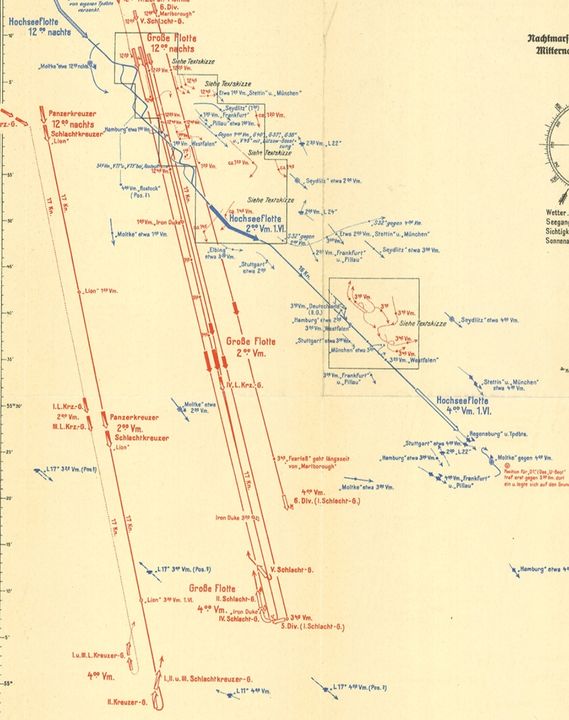 Hạm đội Đức (màu xanh) trốn thoát thành công Đại hạm đội của Anh về đến cảng nhà trong giai đoạn từ 00 giờ đến 04 giờ sáng ngày 1/6/1916