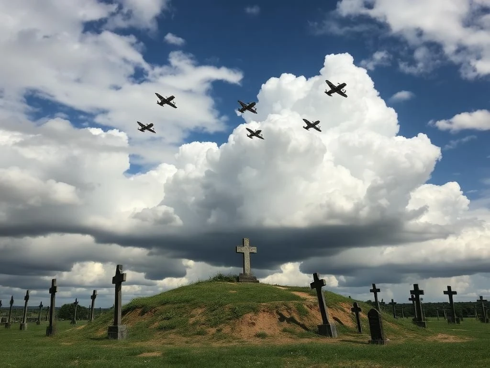 Đám tang được tổ chức vào chiều hôm ấy, giữa tiếng gầm rú của máy bay Đồng Minh, mấy tiếng nổ rền vang làm rung chuyển những cây thập giá và bia mộ.