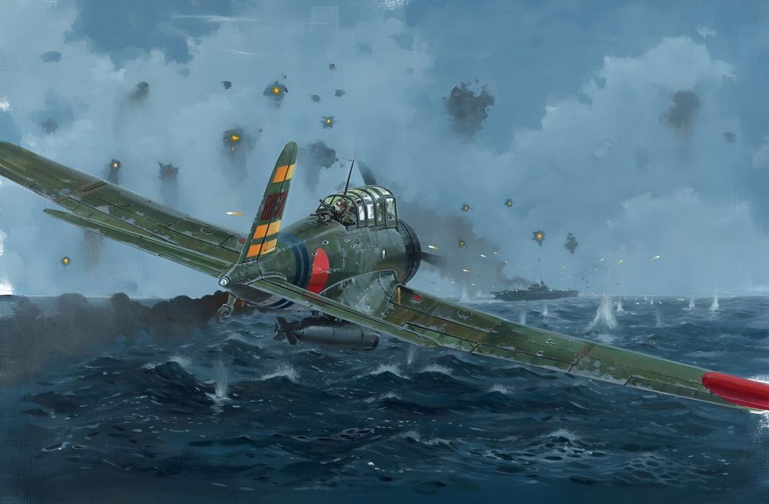 Đợt tấn công thứ hai của Hiryu trong ngày 4 tháng 6 nhằm vào lực lượng tàu sân bay Mỹ được thực hiện bởi Đơn vị Tấn công Tàu sân bay dưới quyền chỉ huy của Trung úy Tomonaga. Khi lực lượng này phát hiện các tàu Mỹ vào lúc 14 giờ 30 phút, họ không nhận ra rằng mình đang quan sát chính con tàu Yorktown — chiếc tàu đã bị hư hại trước đó. Các đội kiểm soát thiệt hại trên Yorktown đã dập tắt được các đám cháy và khôi phục tốc độ lên 19 hải lý/giờ sau những tổn thất do các máy bay ném bom từ Hiryu gây ra trước đó. Tomonaga quyết định tấn công ngay lập tức vào con tàu dường như chưa hề bị hư hại. Ông chia 10 máy bay tấn công của mình thành hai nhóm. Nhóm thứ nhất, do chính Tomonaga chỉ huy, sẽ tấn công từ phía sau mạn trái của tàu sân bay Mỹ. Nhóm còn lại vòng lên phía bắc để tấn công từ phía trước mạn phải của con tàu. Nhóm của Tomonaga bắt đầu một cú bổ nhẹ để tăng tốc độ. Khi còn cách tàu Mỹ hơn 10 dặm, phi công hộ tống của Tomonaga bị bắn hạ bởi các tiêm kích Wildcat. Bốn chiếc còn lại tiếp tục tiến gần mục tiêu và nhận thấy rằng tàu sân bay Mỹ đã đổi hướng sang đông nam, đưa đuôi tàu hướng về phía các máy bay Nhật. Tomonaga không hề biết rằng con tàu cũng đang quay đầu vào gió để phóng 10 tiêm kích Wildcat đang chờ trên sàn bay. Đáp lại, Tomonaga chia nhỏ đội hình của mình để tạo góc tấn công thuận lợi hơn. Hai máy bay được lệnh vòng sang trái để tấn công từ mạn trái của tàu, trong khi Tomonaga và một chiếc khác tiếp tục tiếp cận từ phía sau mạn phải. Chiếc tiêm kích đầu tiên cất cánh từ sàn bay của Yorktown do Thiếu tá Thach điều khiển. Ông lao ngay về phía máy bay của Tomonaga, nhanh chóng giao chiến và bắn cháy nó. Tuy nhiên, với kỹ năng lái tuyệt vời, Tomonaga vẫn giữ được chiếc máy bay đang bốc cháy ổn định cho đến khi thực hiện một cú thả ngư lôi hoàn hảo. Dù vậy, quả ngư lôi đã trượt mục tiêu, và Tomonaga đâm xuống biển phía sau Yorktown. Sự hy sinh của ông không hề vô ích. Cuộc tấn công của nhóm Tomonaga đã mở đường hoàn hảo cho nhóm tấn công thứ hai gồm 5 máy bay, nhóm này đã đánh trúng hai quả ngư lôi vào Yorktown — những cú đánh chí mạng cuối cùng dẫn đến sự mất mát của con tàu này. (Tranh của Howard Gerrard)