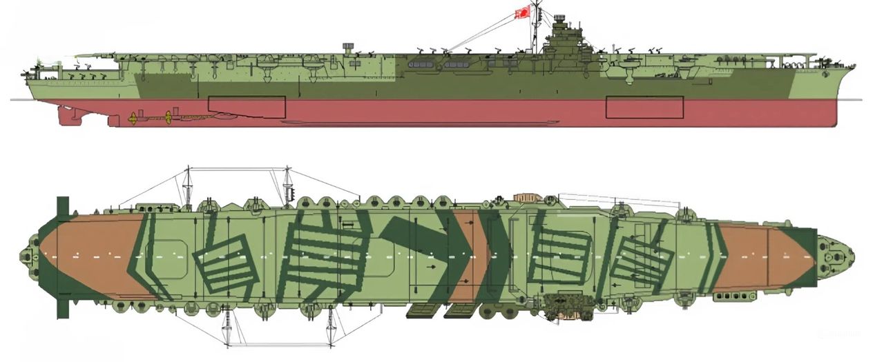 Tàu sân bay Zuikaku vào tháng 10 năm 1944, mang lớp ngụy trang màu xanh lá cây. Vào tháng 8 năm 1944, Zuikaku còn sống sót có thùng nhiên liệu máy bay của cô được bảo vệ bằng bê tông bổ sung. Ngoài ra, con tàu còn nhận được năm khẩu pháo hai nòng 25mm Type 96, cộng với 26 khẩu pháo 25mm/60 bổ sung và tám bệ phóng rocket phòng không 120mm (5 inch) 28 ống và radar Type 3 1-go mới. 