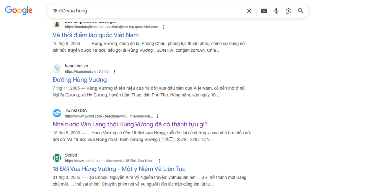 Nếu gõ 18 đời vua Hùng và đặt mốc thời gian là từ trước 2010 trở đi, ta sẽ gần như không bao giờ thấy thụy hiệu của các vua Hùng trừ khi viết thẳng cái tên đó ra