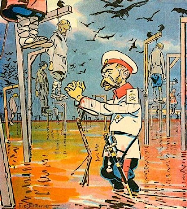 Tranh biếm họa Sa hoàng Nicholas II với những giá treo cổ đầy rẫy - thể hiện số vụ tử hình bằng treo cổ tăng vọt ở Nga.