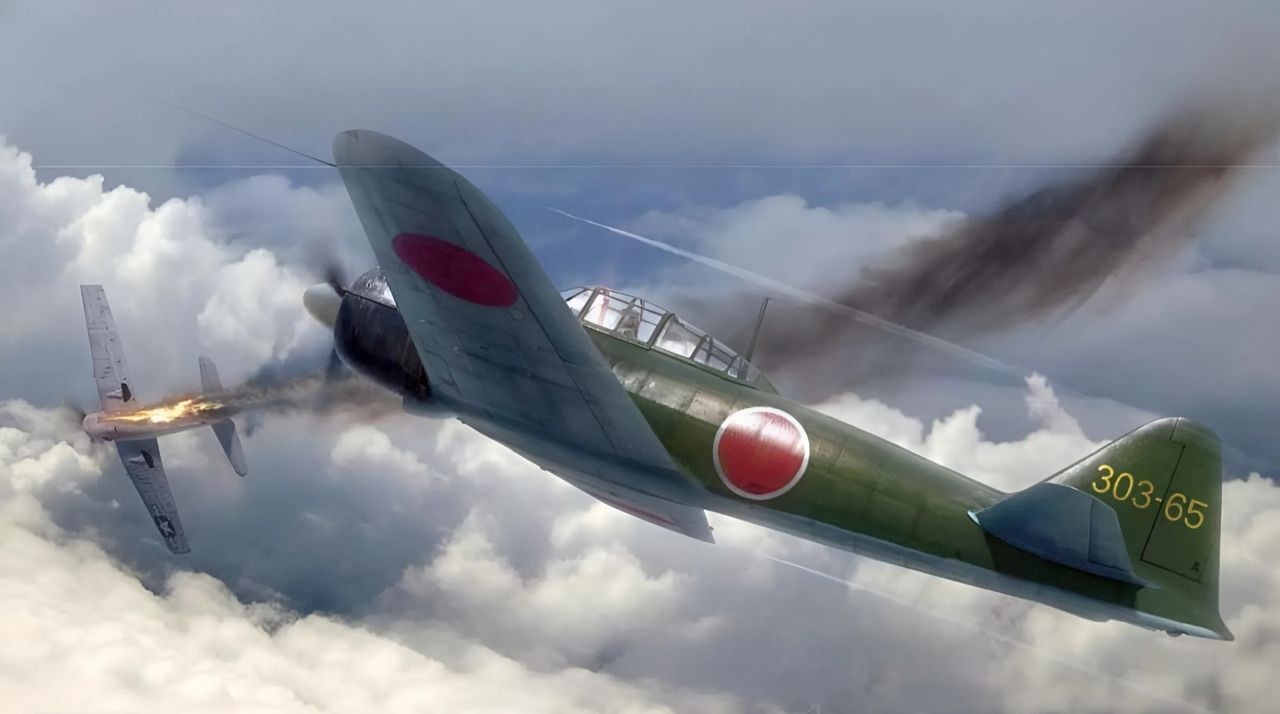 Chuẩn úy Yoshinao Kodaira là một trong số những phi công tiêm kích dày dạn kinh nghiệm nhất của Hải quân Đế quốc Nhật Bản, người đã ghi nhận những chiến công đầu tiên của mình khi bay trên bầu trời Trung Quốc. Được biên chế vào Không đoàn 601 trên tàu sân bay Shokaku trong Trận chiến biển Philippine, Kodaira nằm trong đội hộ tống gồm 48 tiêm kích Zero-sen bảo vệ đợt tấn công thứ hai gồm 44 máy bay ném bom bổ nhào D4Y1 Suisei (“Judy”) và 29 máy bay ném ngư lôi B6N2 Tenzan (“Jill”) được phái đi tấn công TF 58 vào ngày 19 tháng 6 năm 1944. Mặc dù đội hình Nhật bị các tiêm kích F6F Hellcat của Mỹ đánh tan tác trong lúc đánh chặn, Kodaira vẫn kịp tuyên bố bắn hạ hai chiếc Hellcat trước khi Zero-sen của ông bị trúng đạn, buộc anh phải tách khỏi đội hình. Ông hạ cánh khẩn cấp xuống biển và được một tàu khu trục của Hải quân Nhật cứu vớt. (Tranh của Gareth Hector) 