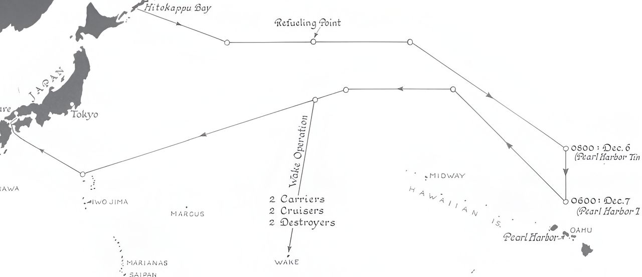 Bản đồ mô tả lộ trình của Kido Butai trong Chiến dịch Hawaii. Sau khi tân công Trân Châu Cảng, Kido Butai hướng lên hướng bắc để trở về Nhật Bản, tuy nhiên hai tàu sân bay Soryu và Hiryu thuộc Hải đội Tàu sân bay số 2 , cùng với 2 tàu tuần dương, 2 tàu khu trục được tách ra để hỗ trợ cho lực lượng tấn công đảo Wake ở phía nam. Sô còn lại vẫn tiếp tục trở về chính quốc 