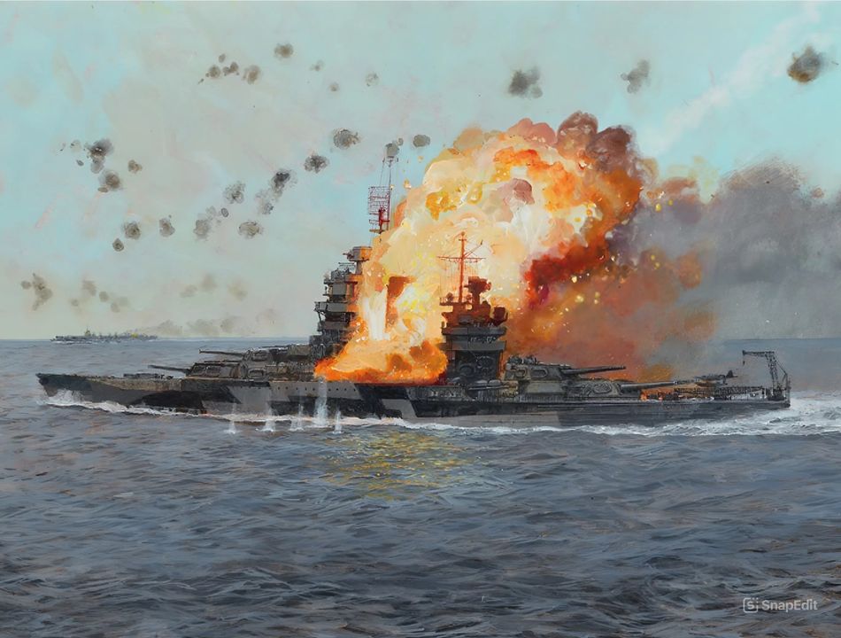 Vào ngày 6 tháng 1 năm 1945, USS New Mexico là một trong sáu thiết giáp hạm hoạt động trong thành phần của TG 77.2, làm nhiệm vụ yểm trợ cho cuộc đổ bộ lên đảo Luzon ở Philippines. Việc lực lượng Mỹ tiến vào vịnh Lingayen đã thúc đẩy người Nhật tung ra nỗ lực tối đa nhằm phá vỡ cuộc đổ bộ. Chiếc kamikaze duy nhất đánh trúng New Mexico đã lao vào đài chỉ huy điều hướng. Dù vụ tấn công khiến 30 thủy thủ thiệt mạng, trong đó có thuyền trưởng của con tàu và một trung tướng lục quân Mỹ đi cùng, nhưng tổng thể thiệt hại là tối thiểu và con tàu vẫn có thể tiếp tục nhiệm vụ. (Tranh của Paul Wright)