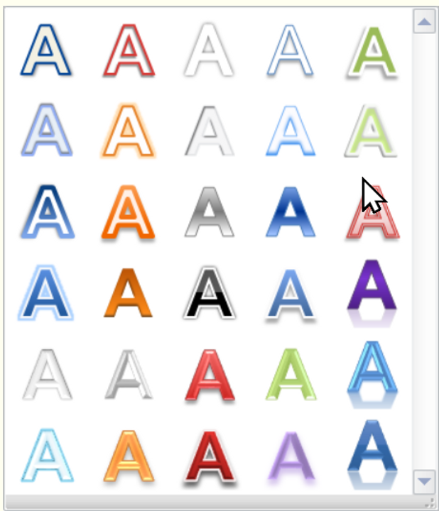 <i>Hình 4. Danh sách các kiểu chữ nghệ thuật mặc định phiên bản MS Office 2010</i>