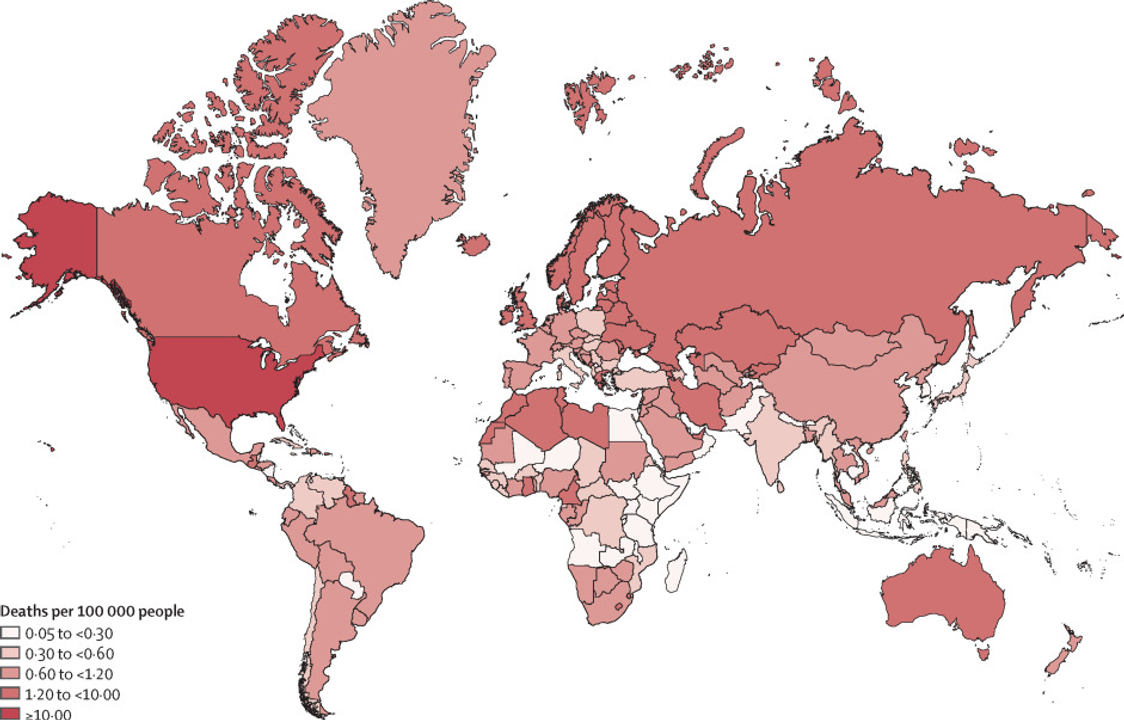 Số ca tử vong/100.000 người vì quá liều opioid, năm 2017. Ảnh: <a href="https://www.sciencedirect.com/science/article/pii/S2589750021000583">Big data and predictive modelling for the opioid crisis: existing research and future potential, Bharat et al., 2021</a>