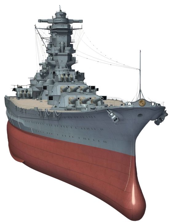 Hình ảnh này mô tả phần phía trước của Yamato vào tháng 12 năm 1941. Boong lộ thiên của con tàu phẳng, với hình dạng cái chai không điển hình khi nhìn từ trên xuống - có cấu hình lượn sóng đặc trưng riêng. Hình dạng đặc trưng của mũi tàu Yamato xuất phát từ sự cần thiết phải di chuyển ống neo ra khỏi đường tâm của tàu và càng xa về phía trước càng tốt để bảo vệ mũi tàu hình củ hành không bị hư hại bởi neo. Việc hạ thấp boong, bắt đầu từ khung 110 về phía mũi tàu, cũng liên quan đến việc giảm trọng lượng và hình dáng của tàu.