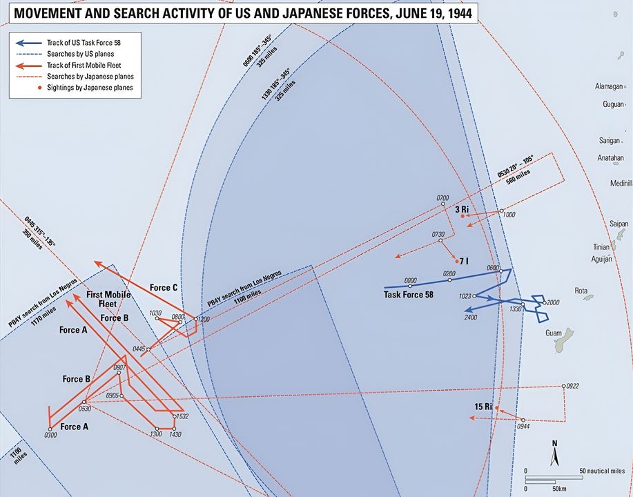 Hoạt động cơ động và tìm kiếm của các lực lượng Mỹ và Nhật Bản, ngày 19 tháng 6