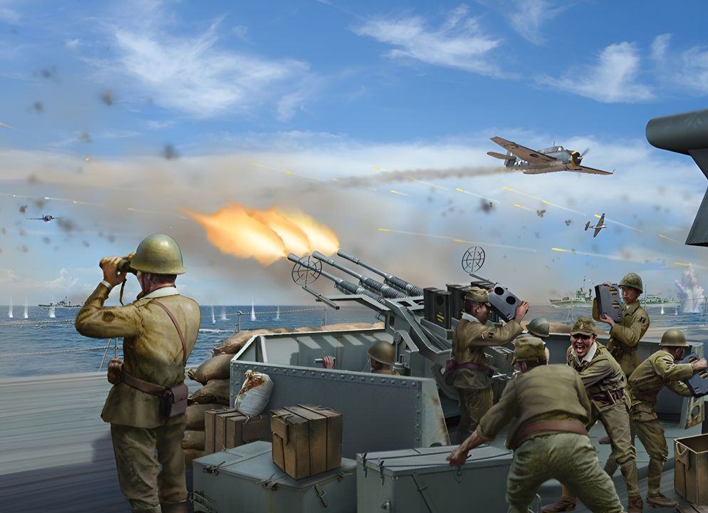 GÓC NHÌN CỦA NGƯỜI NHẬT: Bức minh họa này mô tả một bệ pháo phòng không ba nòng Type 96 cỡ 25mm trên Yamato đang khai hỏa vào các máy bay ném ngư lôi Avenger của VT-84 vào ngày 7 tháng 4 năm 1945. Để vận hành khẩu pháo này cần một kíp chín người – trong đó sáu người là tiếp đạn, có nhiệm vụ liên tục nạp các hộp tiếp đạn 15 viên cho ba nòng pháo. Khung cảnh cho thấy các tiếp đạn viên làm việc một cách điên cuồng, lấy các hộp tiếp đạn từ những tủ đạn sẵn sàng bố trí xung quanh vị trí pháo nhằm duy trì tốc độ bắn của bệ pháo. Pháo Type 96 có nhiều nhược điểm, cuối cùng khiến nó trở nên kém hiệu quả với tư cách là vũ khí phòng không tầm gần chủ lực của Hải quân Đế quốc Nhật Bản (IJN). Một trong những nhược điểm đó là yêu cầu thay hộp tiếp đạn rất thường xuyên, làm cho tốc độ bắn thực tế giảm xuống chỉ còn 100–110 phát/phút. Ngoài ra, đạn 25mm nặng chưa tới 9 ounce, nên trong nhiều trường hợp gây sát thương rất hạn chế ngay cả khi trúng phải những chiếc Avenger có kết cấu bền chắc. Vì vậy, pháo 25mm chỉ phù hợp cho giao chiến ở cự ly rất gần. Theo học thuyết tác chiến, điều này đồng nghĩa với việc chỉ khai hỏa vào máy bay đang tiếp cận ở cự ly khoảng 2.750 yard. Hệ thống điều khiển hỏa lực cho pháo Type 96 do máy ngắm Type 95 hoặc Type 4 đảm nhiệm, nhưng các thiết bị này nhìn chung không hiệu quả trong việc bám bắt các mục tiêu di chuyển nhanh. Như một phương án thay thế, bệ pháo có thể bắn dưới chế độ điều khiển tại chỗ (local control). Để hỗ trợ việc ngắm bắn, cứ mỗi năm viên đạn thì có một viên đạn vạch đường (tracer), giúp kíp pháo theo dõi đường đạn so với mục tiêu. Bất chấp các nhược điểm của mình, Type 96 vẫn là vũ khí phòng không hiệu quả nhất của IJN. Tuy nhiên, cần lưu ý rằng sự kém hiệu quả tổng thể của Type 96 đã khiến các tàu mặt nước Nhật Bản dễ bị tổn thương nghiêm trọng trước các cuộc không kích. Hệ quả là trong suốt ngày 24 tháng 10 năm 1944, Hải quân Mỹ chỉ mất 18 máy bay khi tấn công Lực lượng Tấn công Nghi binh Thứ nhất, và toàn bộ lực lượng Yamato chỉ bắn rơi được 10 máy bay vào ngày 7 tháng 4 năm 1945. (Tranh của Jim Laurier)