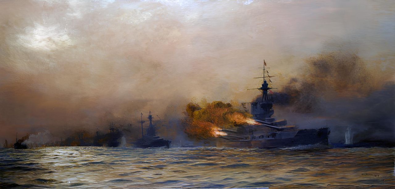 Iron Duke (soái hạm của Đại Hạm đội và ở vị trí thứ chín trong hàng chiến tuyến) khai hỏa vào mũi tiên phong của đội hình Hochseeflotte (Hạm đội Biển khơi Đức) . Hãy chú ý đến ánh sáng yếu ớt của buổi chiều muộn và màn khói dày đặc bao phủ đội hình Anh. Hai yếu tố này khiến các thiết giáp hạm Đức cực kỳ khó bắn trả. (Tranh của William Leopold Wyllie)