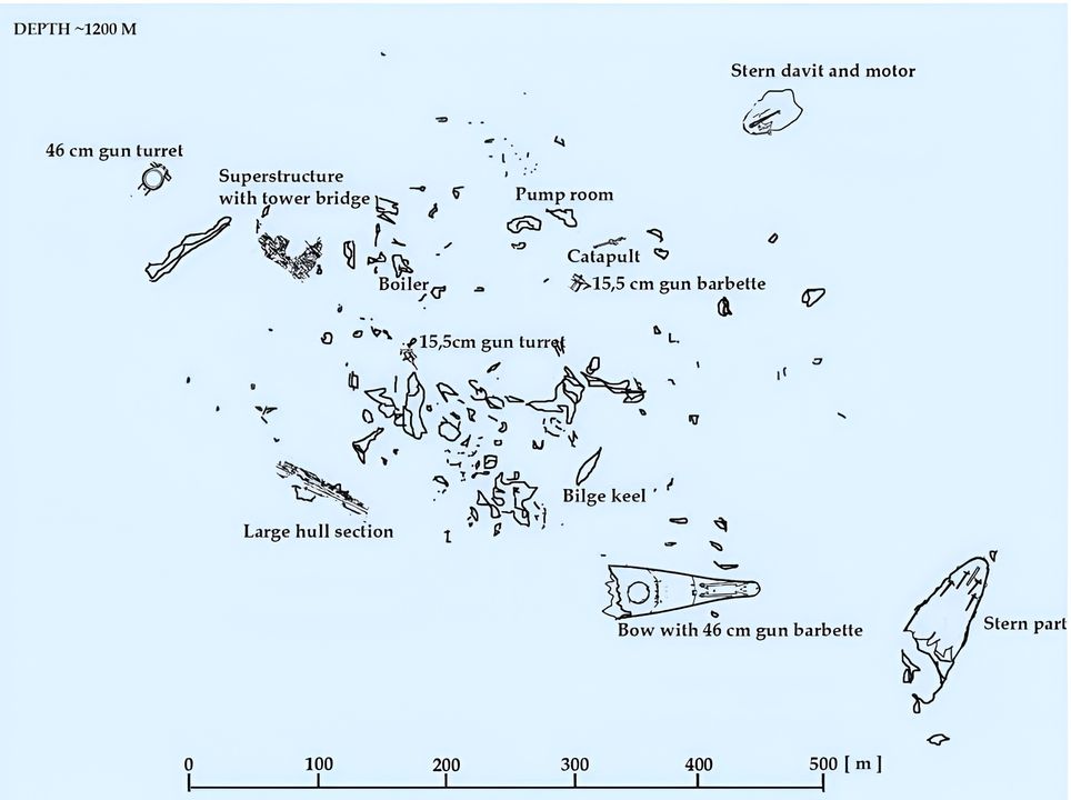 Tình trạng của xác tàu đắm Musashi khi được phát hiện vào ngày 2 tháng 3 năm 2015 và được đoàn thám hiểm Paul G. Allen khảo sát.