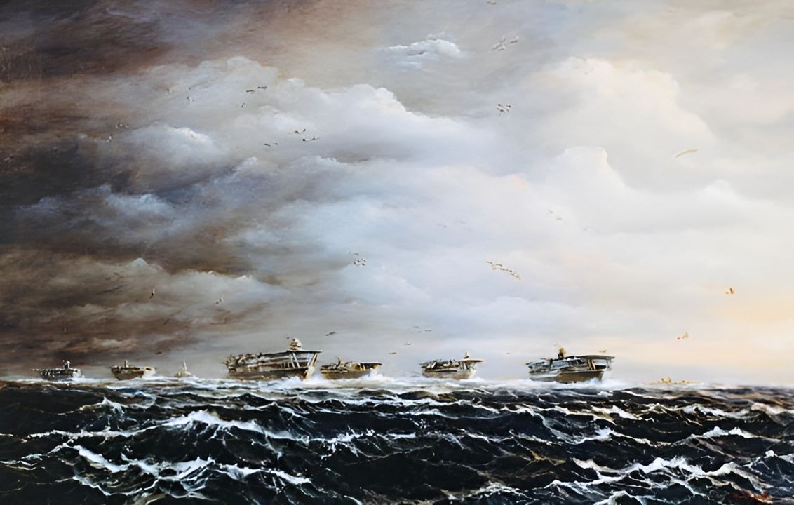 Tranh vẽ Kido Butai đang trên biển động, thời tiết xấu vào lúc sáng sớm đang cho xuất kích các phi đội tấn công vào Trân Châu Cảng. Các tàu sân bay lần lượt từ trái sang phải, trên xuống dưới: Akagi, Kaga, Hiryu, Soryu, Shokaku và Zuikaku (Tranh của John Hamilton)