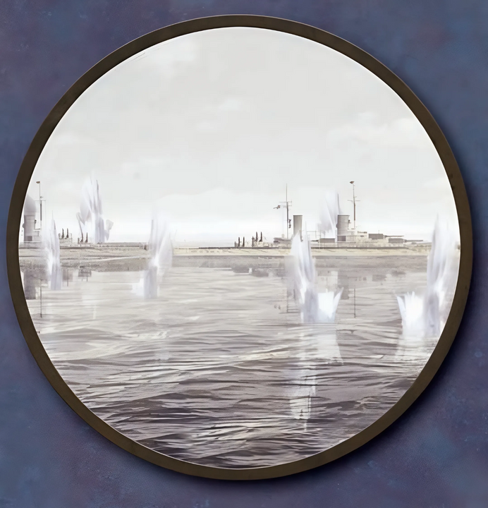 <i>GÓC NHÌN PHÁO BINH CỦA ANH</i>: Quang cảnh này được nhìn từ cầu tàu của Marlborough vào lúc 19 giờ, khi hạm đội Đức tình cờ đụng độ Đại hạm đội lần thứ hai. Marlborough đang dẫn đầu đội hình phía tây gần nhất của các thiết giáp hạm trong Đại hạm dội và ở vị trí gần nhất với quân Đức. Tuy nhiên, vì tầm nhìn kém khiến họ chỉ có thể nhìn thấy một phần nhỏ của Hạm đội Biển khơi.