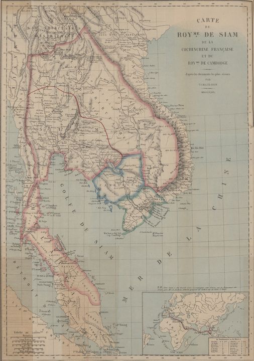 Hình 4.1 Bản đồ Đông Nam Á từ góc nhìn của Xiêm, năm 1869. V. A. Malte-
Brun, Carte du Royaume de Siam de la Cochinchine Française et du Royaume de 
Cambodge (Paris: Challamel, 1869) (downloaded from http://gallica.bnf.fr/).