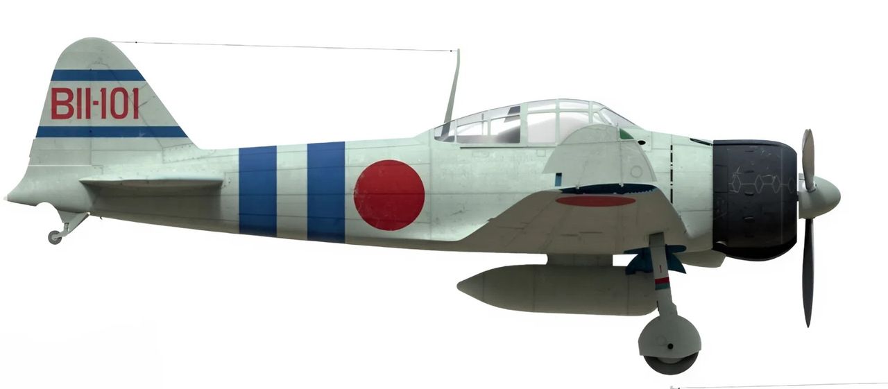 Máy bay tiêm kích hải quân Mitsubishi A6M2b, Rei-sen (零戦) hoặc Zero-sen, có tên đầy đủ là <i>MITSUBISHI REI SHIKI KANJŌ SENTŌKI NIICHI GATA</i> (三菱零式艦上戦闘機二一型 –), được quân Đồng Minh đặt biệt danh là Zeke hoặc Zero. Chiếc máy bay trong hình là chiếc tiêm kích của Kiokuma Okajima, có số mã đuôi là BII-101 thuộc lực lượng không kích của tàu sân bay Hirỹu vào Trân Châu Cảng vào ngày 7/12/1941.