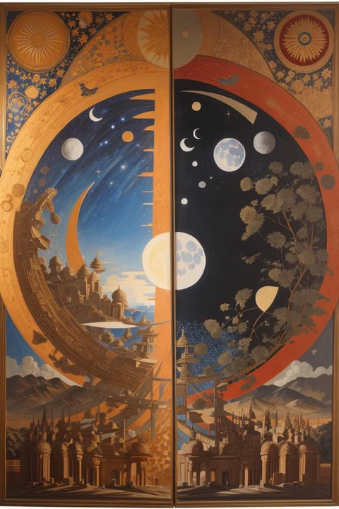 Ảnh minh hoạ khái niệm văn minh nhật-nguyệt luân chuyển của Julius Evola tạo bởi AI