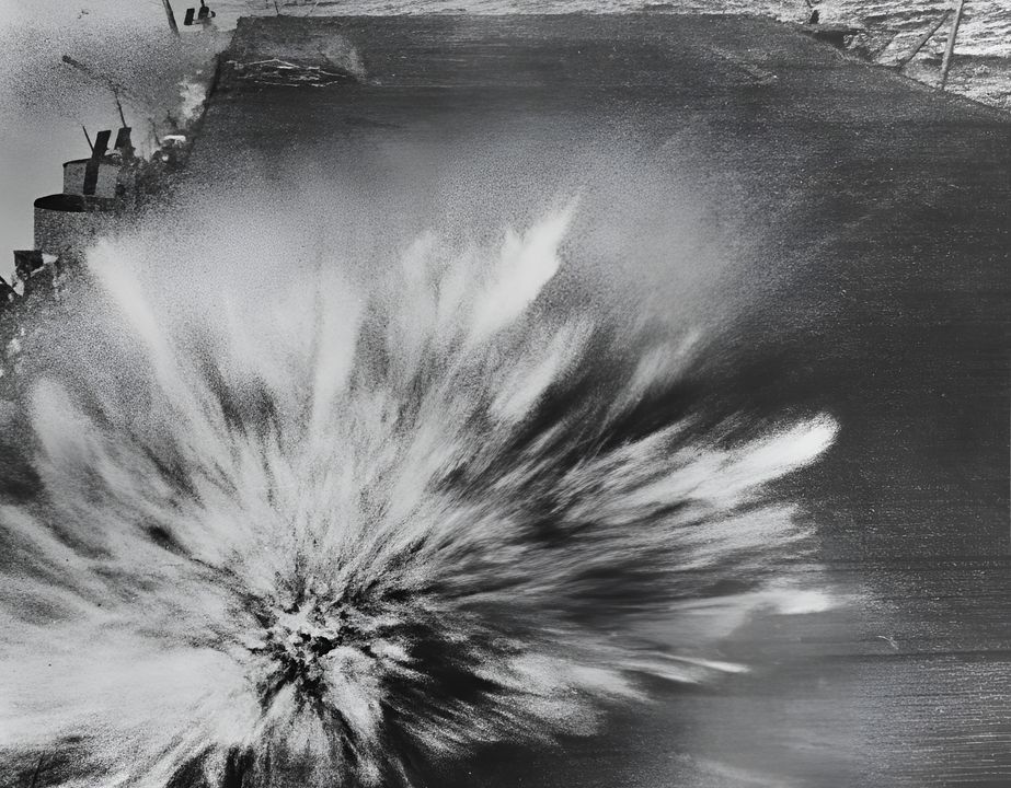 Một quả bom nặng 551lb thứ ba phát nổ khi trúng Enterprise trong trận chiến Đông quần đảo Solomon. Đây là một loại bom nổ mạnh có thể đã gây ra vụ nổ ở cấp độ thấp, tuy hoành tráng nhưng chỉ gây thiệt hại nhẹ cho tàu sân bay. Chiếc máy bay Type 99 thả quả bom này đã bị bắn rơi ngay sau khi thả bom. (NHHC)