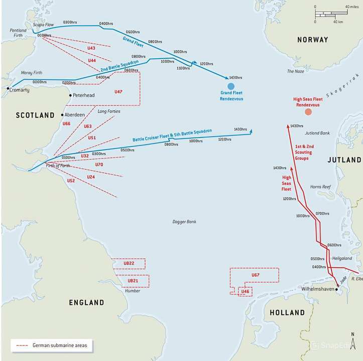 Những chuyển động mở màn của trận Jutland, ngày 31 tháng 5 năm 1916. Trên bản bản đồ có thể thấy Hải đoàn thiết giáp hạm số 5 đã đi trước và theo cùng Lực lượng thiết giáp tuần dương hạm của Beatty từ vịnh Firth of Forth, còn Đại Hạm đội của Jellicoe đi từ Scapa Flow sẽ hợp quân với Hải đoàn thiết giáp hạm số 2 xuất phát từ Cromaty vào lúc 12 giờ (màu xanh). Còn Hạm đội Biển khơi Đức của Scheer xuất phát từ Heligoland và đi theo sau lực lượng trình sát của Hipper (màu đỏ). Tất cả các hạm đội đều hướng đến Jutland Bank.