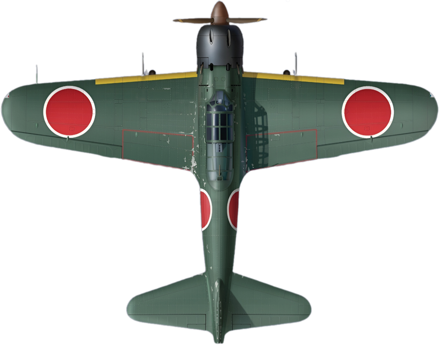 Máy bay cảm tử chủ lực của Không lực Hải quân Đế quốc Nhật là tiêm kích A6M5 Type 0 Model 52, được đưa vào biên chế giữa năm 1943. Khi được sử dụng trong vai trò cảm tử, nó có thể mang theo một quả bom Type 99 No.25 Model 1 nặng 551lb ở giá treo trung tâm được chế tạo đặc biệt, như thấy ở đây. Loại vũ khí như vậy làm tăng đáng kể sức sát thương của Zero-sen trong vai trò kamikaze. Chiếc máy bay này là một trong hơn 20 chiếc được cấp cho Không đoàn 205 ngay khi đơn vị được thành lập tại Đài Trung, trên đảo Đài Loan, vào ngày 5 tháng 2 năm 1945. Số phi công nhiều hơn máy bay rất nhiều, với 112 phi công hải quân (phần lớn là học viên non kinh nghiệm do một nhóm nhỏ sống sót của Hạm đội Không quân số 1 từ Philippines chỉ huy) có mặt vào ngày 10 tháng 3. Với nhiệm vụ cơ bản là tiến hành các cuộc tấn công cảm tử, Không đoàn 205 được điều động tới Ishigaki Shima và Miyako Shima trong quần đảo Ryukyu khi trận Okinawa bắt đầu. Đơn vị chỉ nhận được ít máy bay thay thế cho những chiếc đã tiêu hao trong các phi vụ cảm tử, và đến cuối tháng 5 thì không thể tiếp tục tiến hành các phi vụ thường xuyên nữa.