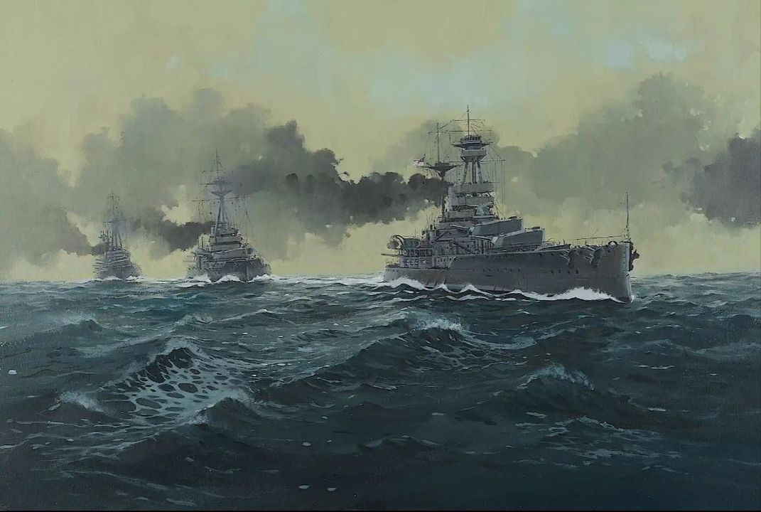 Đến 18 giờ 30 phút, trận đánh chính giữa hai hạm đội chính thức bắt đầu. Hải đội 6 thuộc Hải đoàn Thiết giáp hạm số 1 đang giao chiến ác liệt. Trong hình là bốn chiến hạm của hải đội này, tất cả đều đang hướng toàn bộ pháo sang mạn phải. Chiếc đi đầu là Marlborough (lớp Iron Duke, trang bị pháo 13,5 inch), tiếp theo là Revenge (trang bị pháo 15 inch), sau đó là Hercules (pháo 12 inch), và cuối cùng là Agincourt- thiết giáp hạm trang bị pháo 12 inch và sở hữu nhiều pháo nhất toàn hạm đội (14 khẩu). (Howard Gerrard)