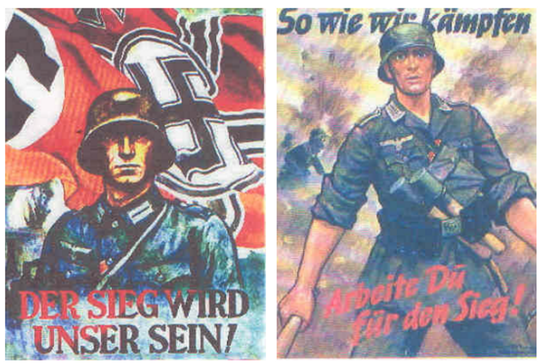 <i>Từ trái sang: "Chiến thắng sẽ thuộc về chúng ta!", "Cũng như chúng tôi chiến đấu – bạn hãy lao động vì chiến thắng!"</i>