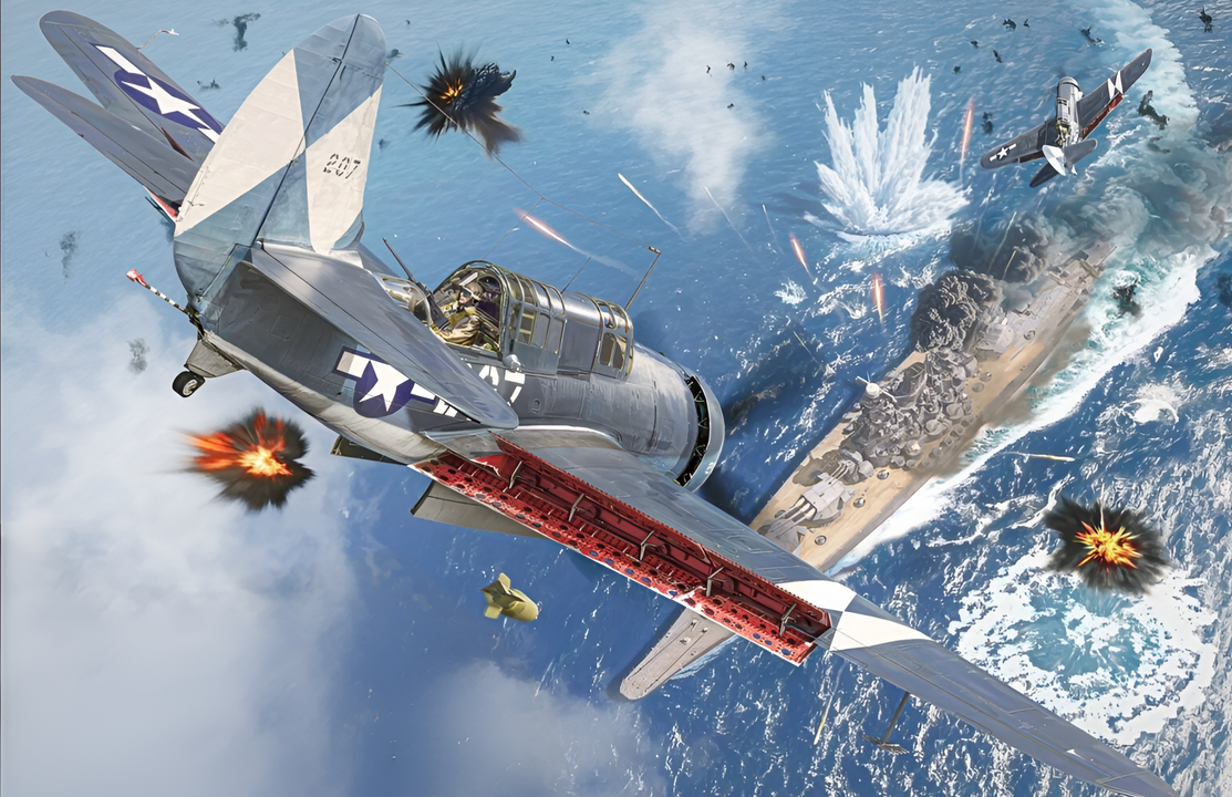 Đợt tấn công thứ hai vào Yamato được thực hiện bởi lực lượng gồm 50 máy bay Mỹ từ Essex và Bataan (TG-58.3). Lúc 13 giờ 22 phút, một chiếc Corsair từ Essex đánh trúng mũi mạn trái của Yamato bằng một quả bom nổ mạnh 1.000 lb. Tuy nhiên, mười hai chiếc Helldiver vẫn tuyên bố đã đánh trúng nhiều quả bom gần đài chỉ huy của Yamato, mặc dù hỏa lực phòng không Nhật Bản đã gây hư hại cho năm chiếc Helldiver. Mặc dù đợt tấn công thứ hai có sự tham gia của nhiều máy bay ném bom bổ nhào nhưng hầu như không có ghi nhận quả bom đánh trúng con tàu trong đợt này. (Tranh của Craig Tinder)