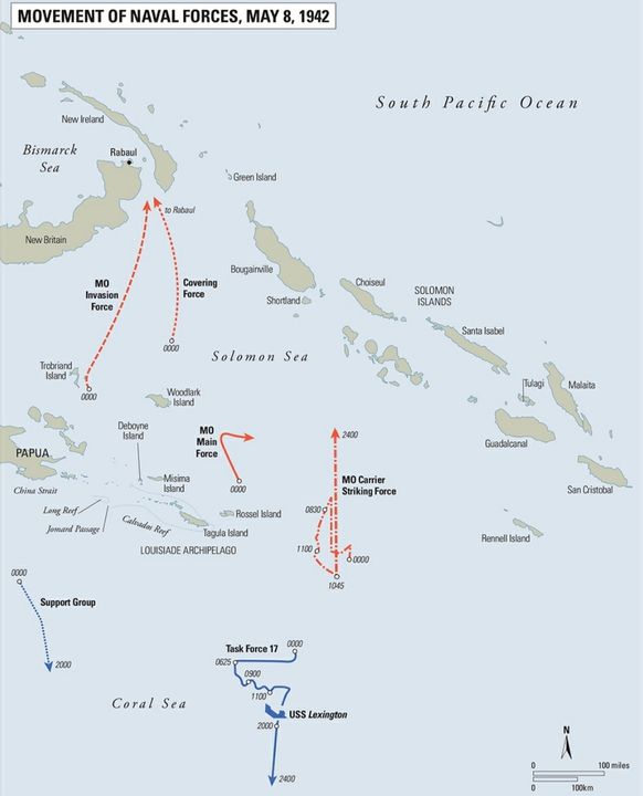 Hướng di chuyển của các lực lượng hải quân Mỹ và Nhật trong ngày 8 tháng 5.